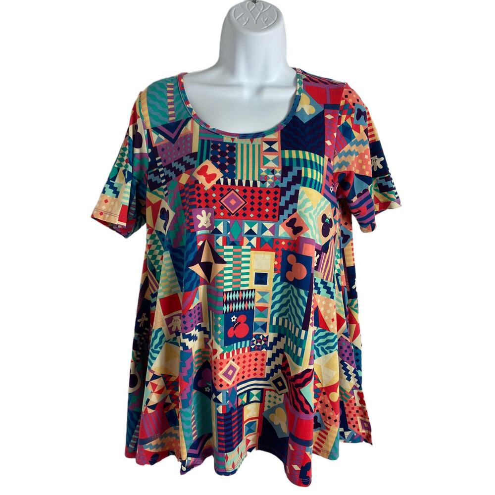 Lularoe Disney Minnie Mouse Blouse Sz XS Tunic Multi Colored Shapes Short Sleeve